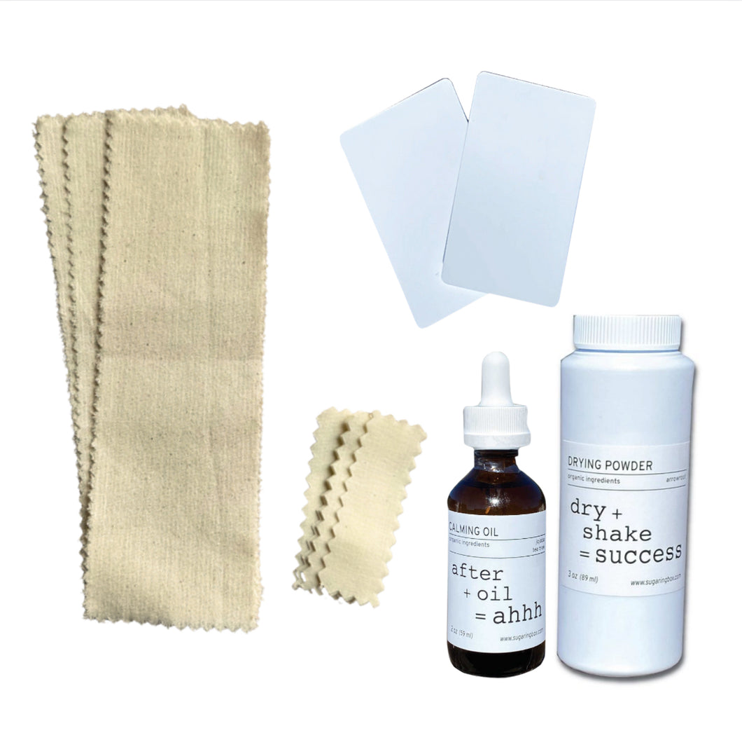 Extra Sugaring Supplies | Free Shipping | Organic Powder & After Oil | Reusable Cotton Sugaring Strips | Sugaring Card